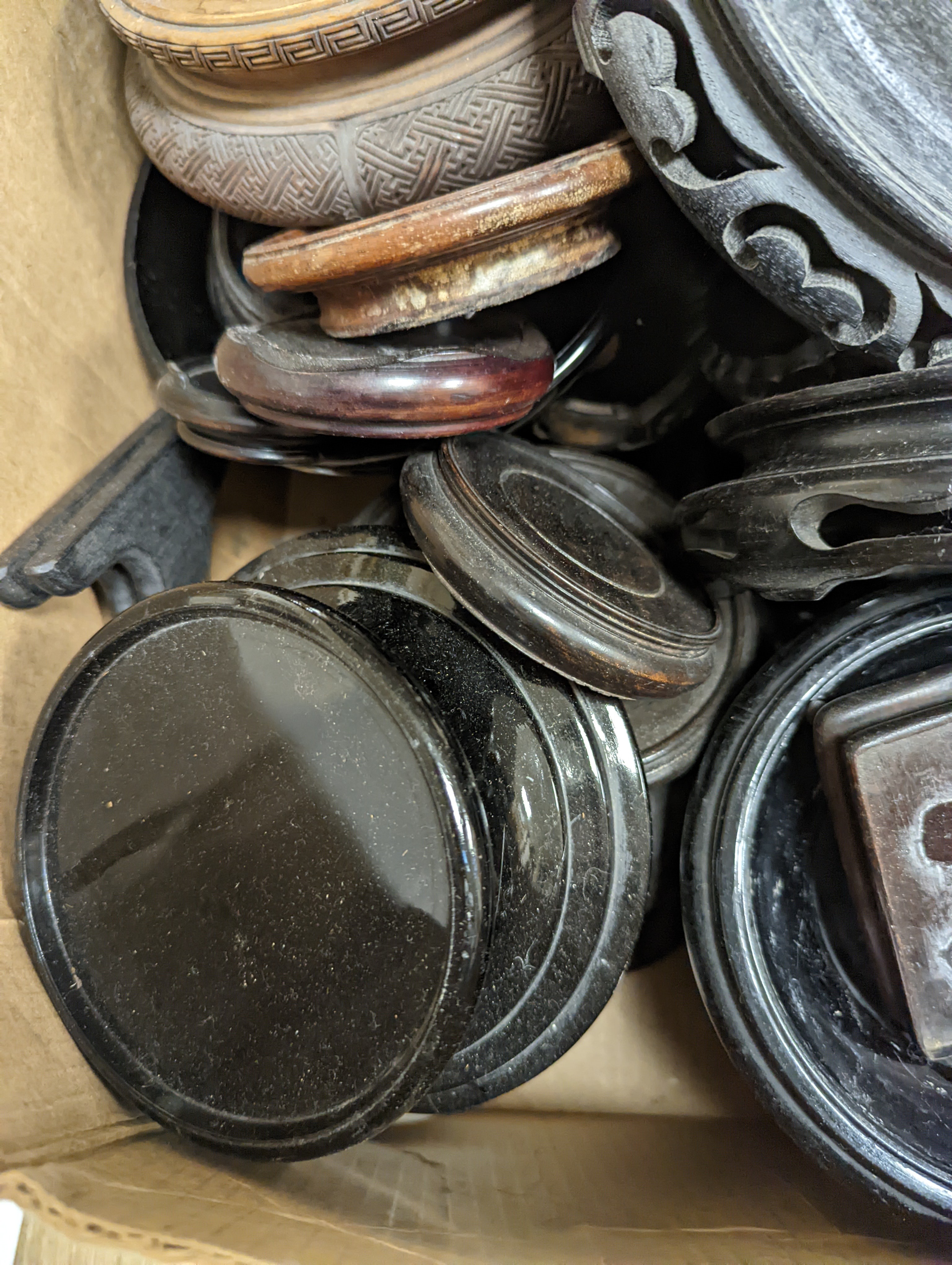 Three boxes of hardwood, glass and ceramic stands.